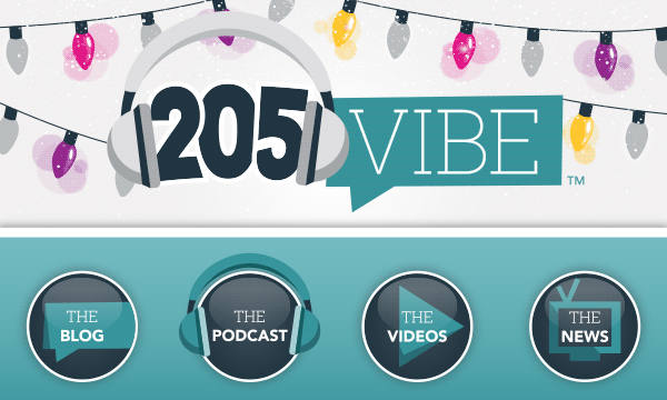 205 VIBE logo and blog, podcast, videos and news icons with twinkling holiday lights