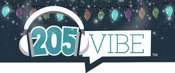 205 VIBE logo with holiday lights and snow